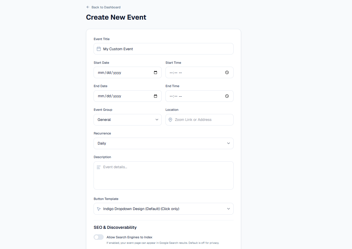 Invitly event creation form with title, date, time, recurrence, location, and button template fields.